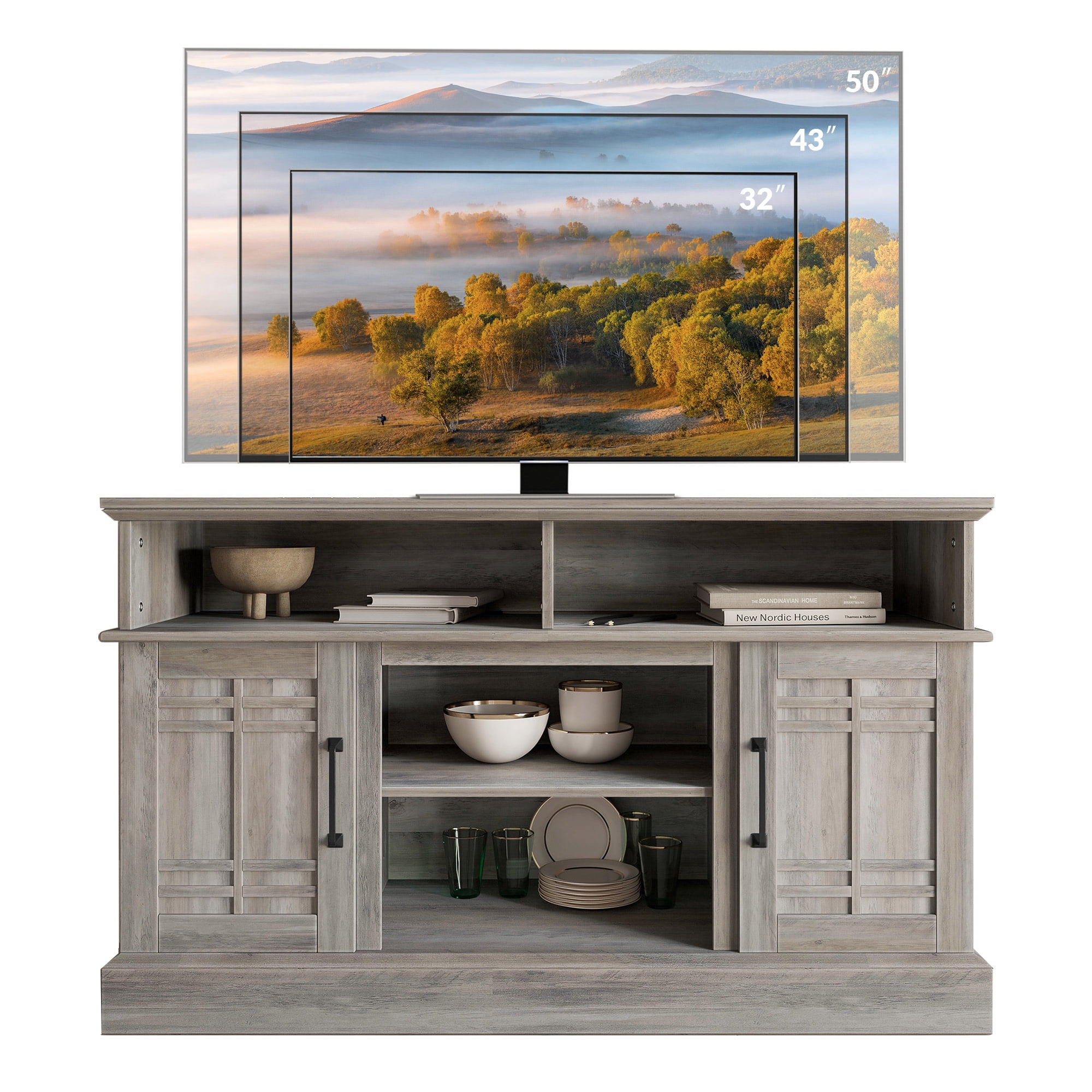 BELLEZE TV Stand Media Entertainment Center - Norrell (Gray Wash)