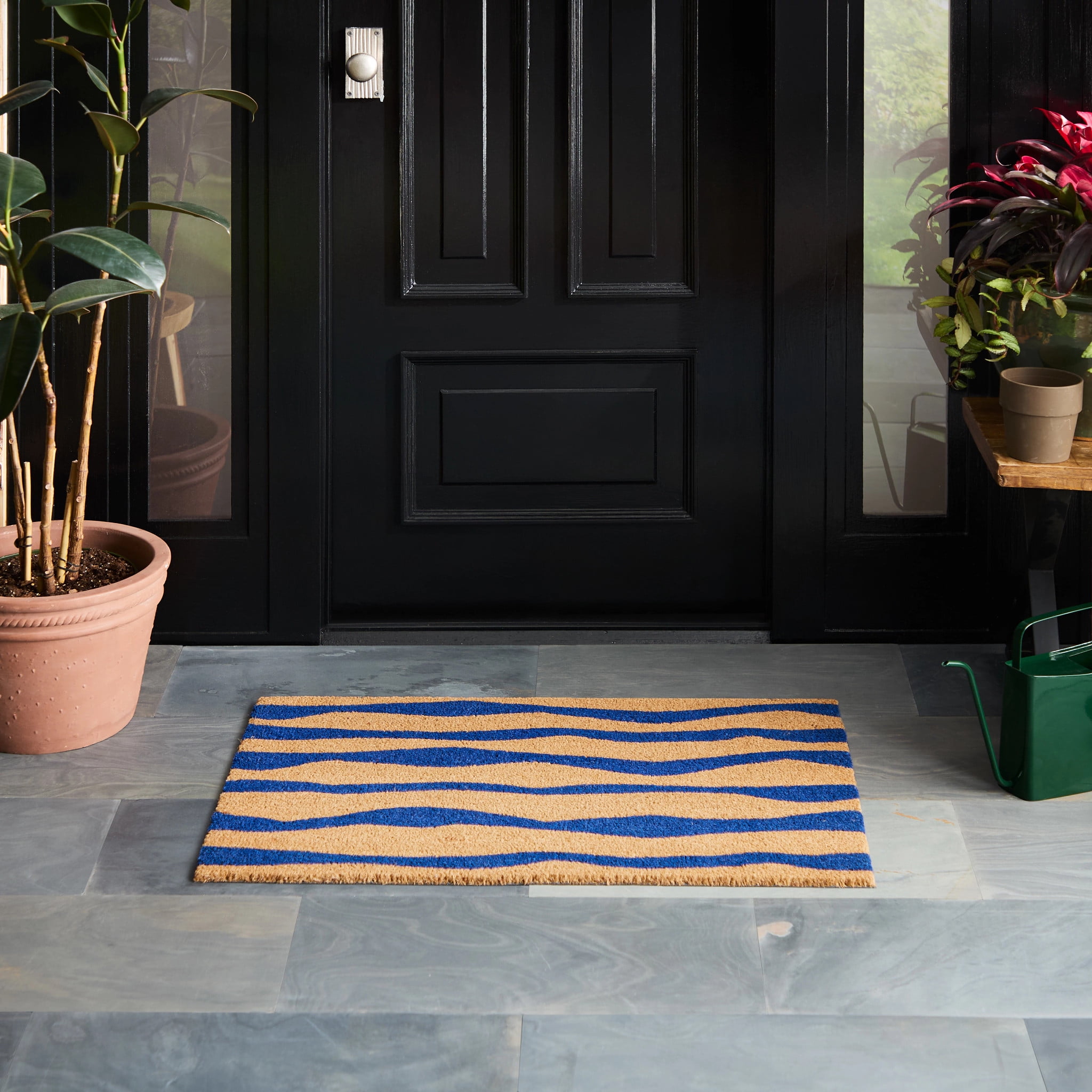 TOWN & COUNTRY TERRA Ravine Abstract Mountain Outdoor Door Mat, Natural Coir, Heavyweight, Non-Slip Entryway Mat, Blue, 18"x30"