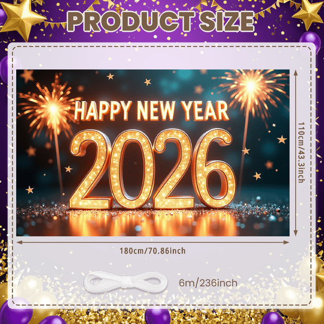 Decorative Design New Year Banner Colorful Theme Celebration Banner Balloon Decoration Fireworks Party Banner for New Year Party Festival Gathering Event