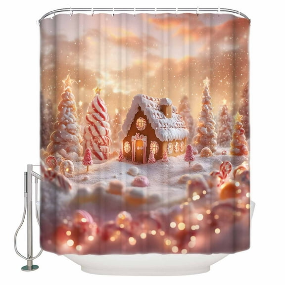 Candy Gingerbread Cottage Shower Curtain, 72" x 72", Christmas Xmas Tree Winter Waterproof Bathroom Curtain Washable Shower Curtain Set with 12 Hooks
