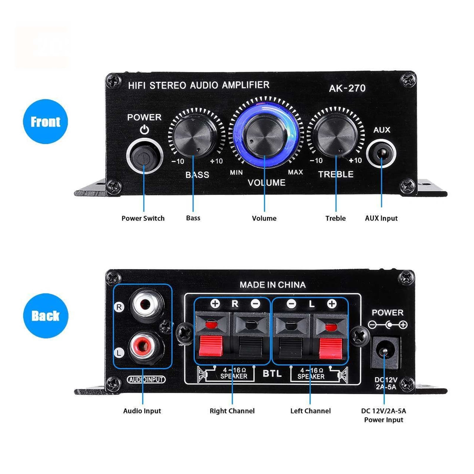 AK270 400W 12V Hifi Power Amplifier Stereo Home Car BASS Amp Music Player Car Speaker Class D Car Home Sound Power Amp ,Small Footprint