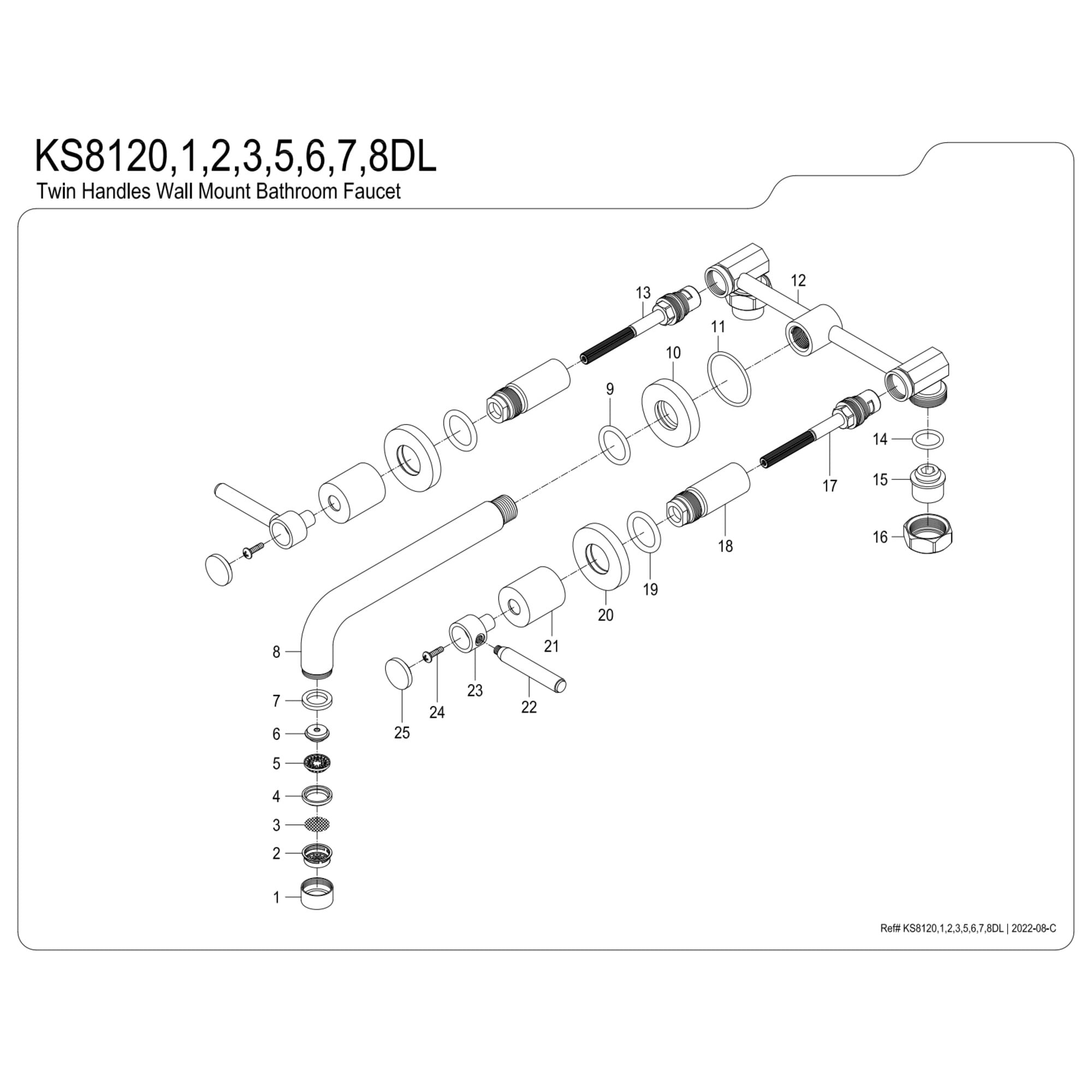 Kingston Brass KS8122DL Concord Double-Handle 3-Hole Wall Mount Bathroom Faucet in Polished Brass