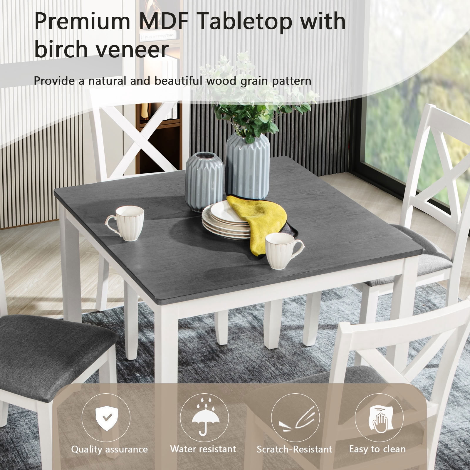 MAYEERTY 5-Piece Dining Table Set with 4 Chairs, Wood Dining Set for 4, Space-Saving for Small Kitchen Dining Room Apartment, Grey