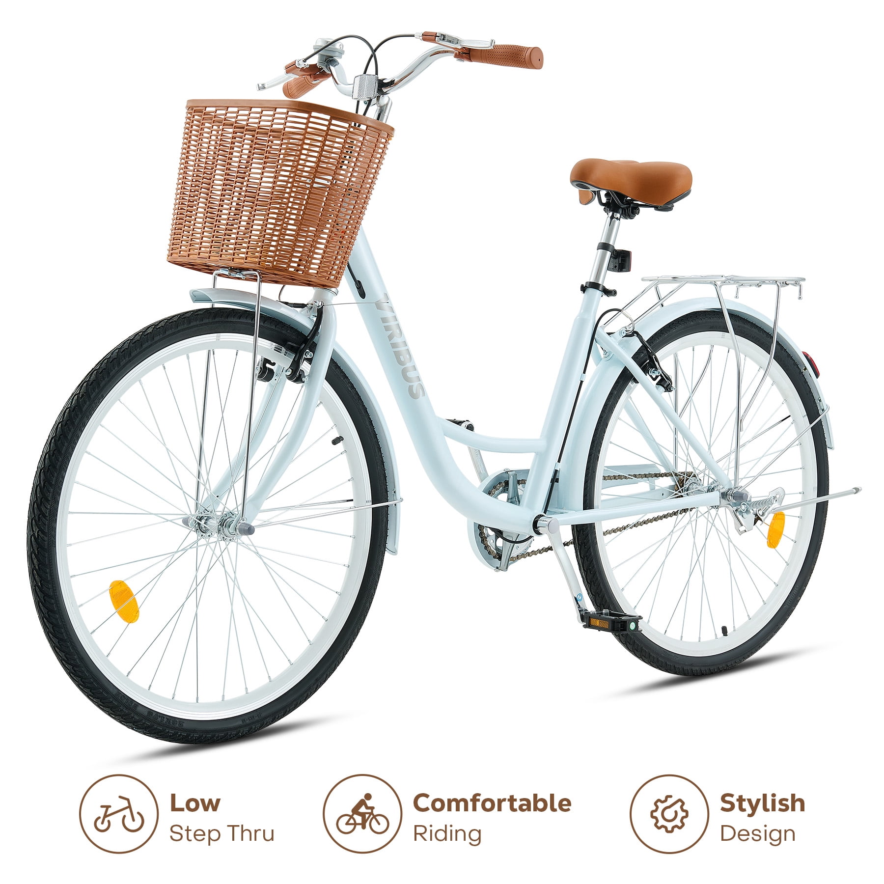 Viribus 24 inch City Cruiser Bicycle for Women,with Carbon Steel Frame Dual V Brakes Basket for Women Adults,Mint