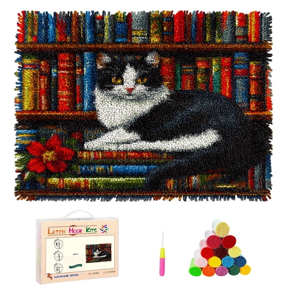 DIY Latch Hook Rug Kits Black and White Cat on Bookshelf Stamped Non-slip Mat Crochet Yarn Hook and Latch Emboridery Tapestry for Home Floor Decor and Pet Warm Cushion 52x38cm(4)