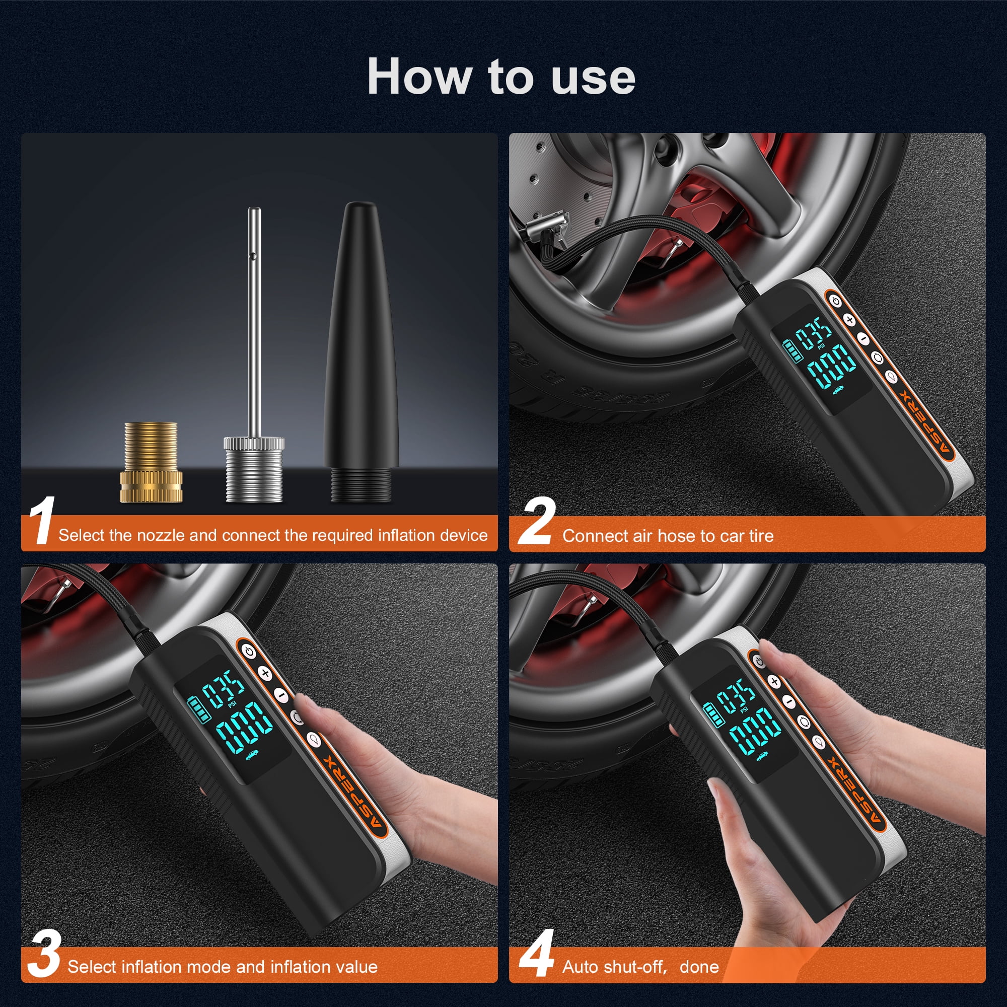 ASPERX Electric Tire Inflator,Portable 160PSI Car Air Compressor with Pressure Detection,Emergency LED Light,Digital Tire Pump-Automatic Shutoff