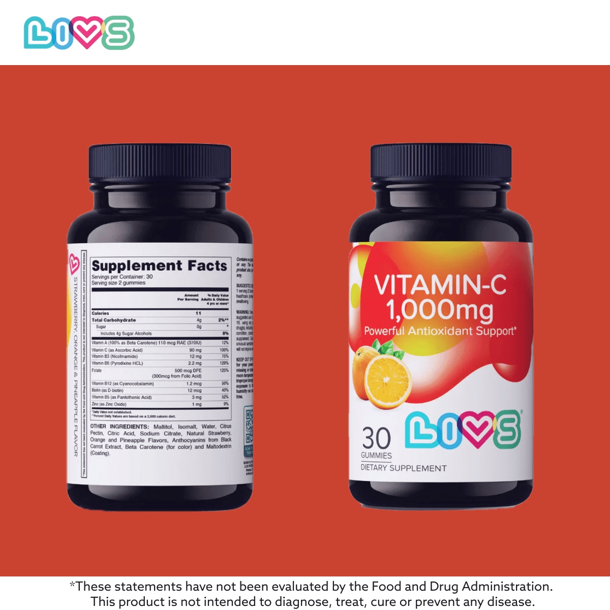 LIVS 1000mg Vitamin C Gummies with Zinc, Sugar Free Immune Support Supplement, Vegan, (Pack of 2) 30 Count