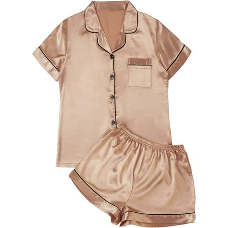 

ZWQIANFENGXI Women s Short Sleeve Satin Sleepwear Button Down Shirt & Shorts Pajama Set