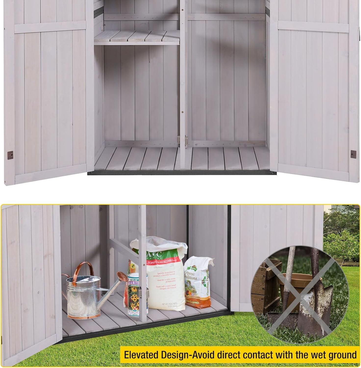 Aivituvin Store Weather-Resistant Metal Frame Storage Shed with Adjustable Shelves, Off-White