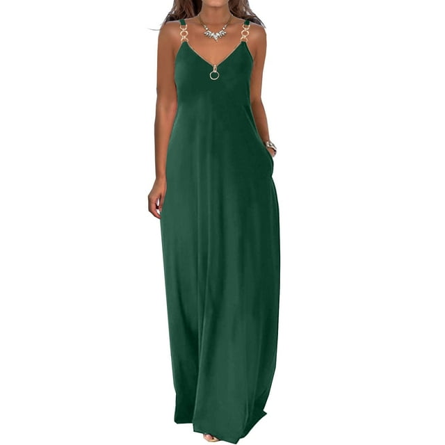EGNMCR Robes de Vacances pour Femmes Robes d'Été pour Femmes Décontractées Boho Couleur Unie à Bretelles Anneau Plage Longue Robe Maxi avec Poches