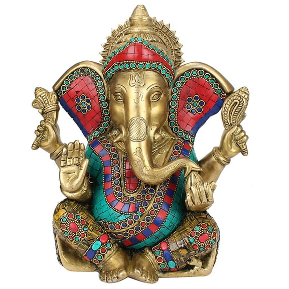 Brass World Large Brass Ganesha Idol Big Ganesh Statue Murti God Ganpati with Multicolor Gemstone Handwork for Home Décor Gifting (11 Inches Height 5.5 Kg)