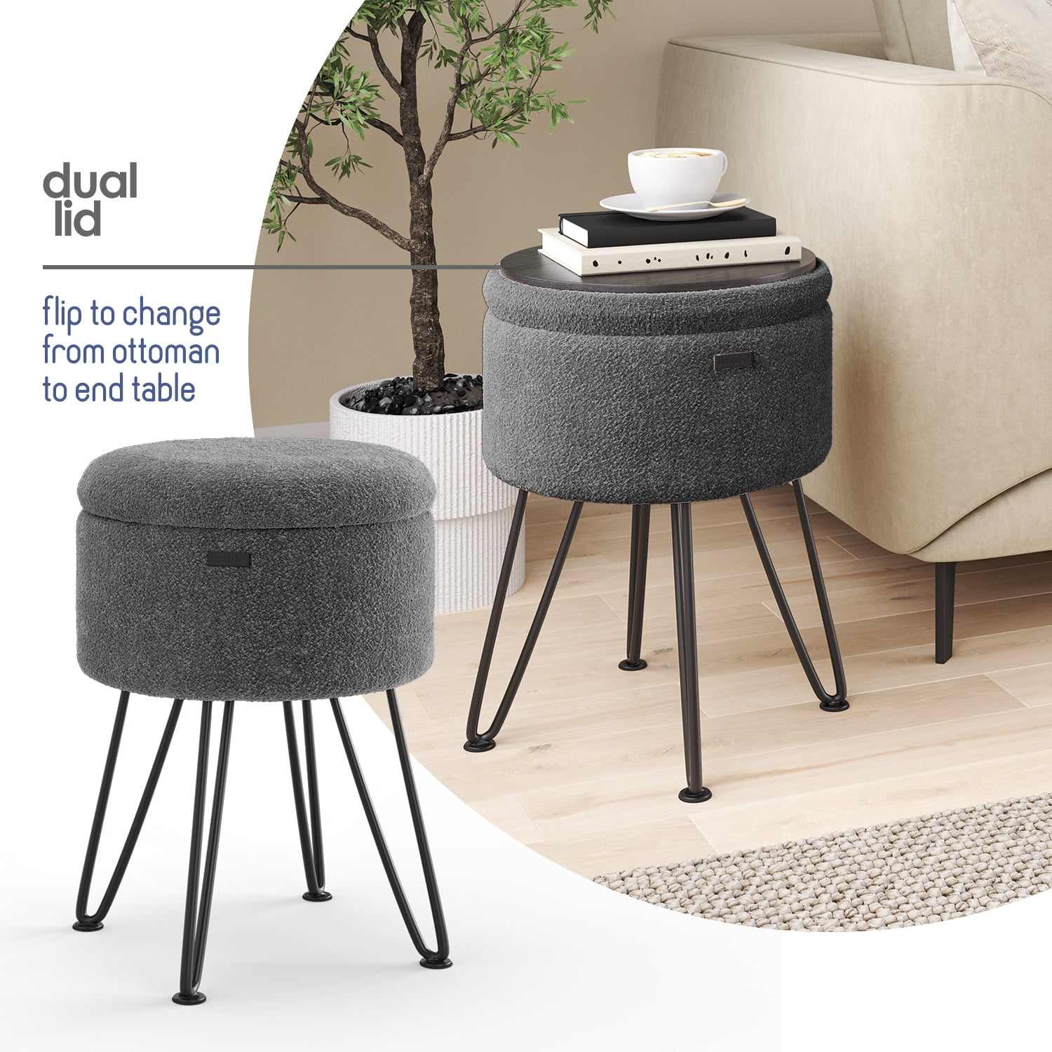 LammaLoe Small Round Ottoman with Storage, Boucle Ottoman Foot Stool with Lid, Upholstered Vanity Stool for Living Room & Bedroom, Grey