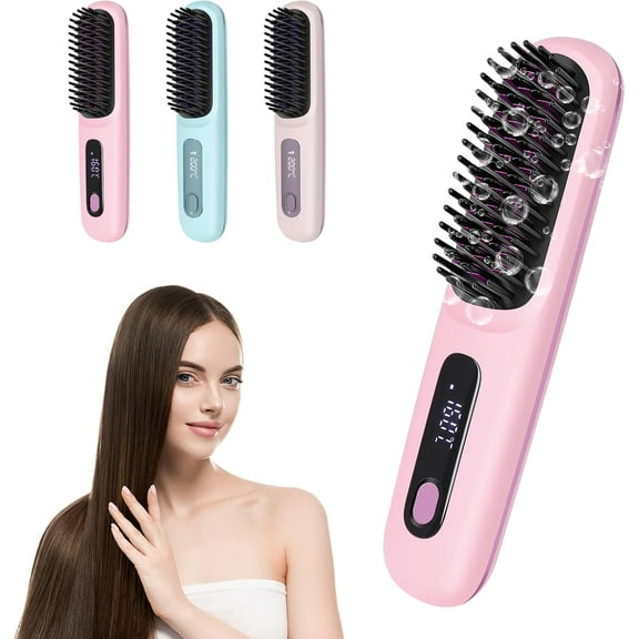 Go Brush Pro 2025 New Portable Straightener Cordless Hair Straightener Brush,Upgrade Gobrush Pro Hair Straightening Irons for Women,Ceramic Coating,Lightweight for Touch-ups (Pink)