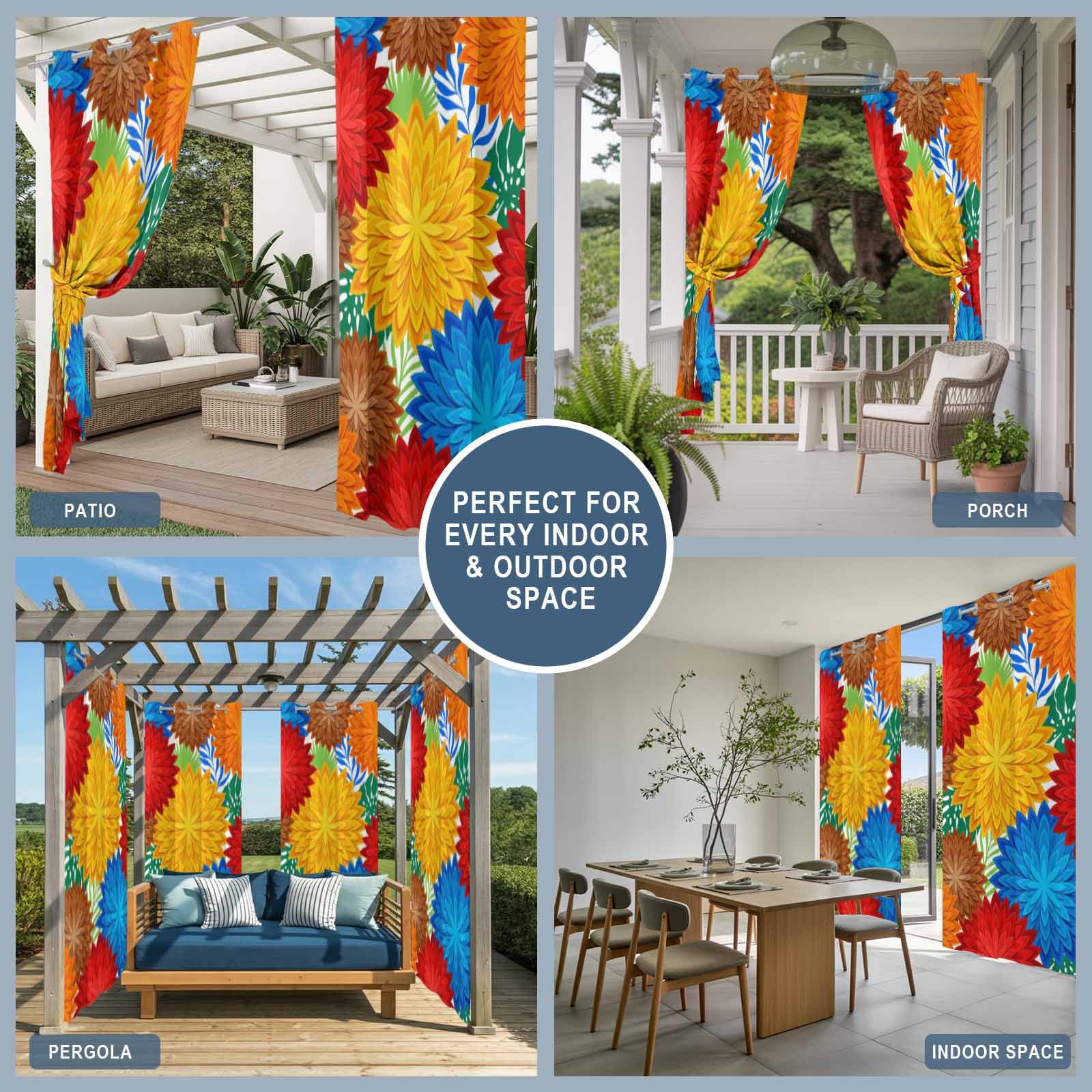 Dahlias Bloom Outdoor Curtains for Patio, Modern Exotic Minimalist Red Blue Yellow Orange Brown Flowers Sunshade Privacy Drapes Grommet Waterproof Outside Curtains for Porch Balcony 54"x108", 1 Panel