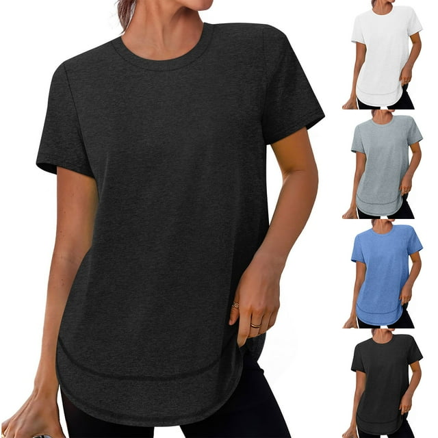 WRKEKC Chemises à Manches Courtes pour Femmes, T-Shirts d'Été pour Femmes, Chemise de Sport à Manches Courtes Unie à Col Rond avec Protection Solaire pour Femmes