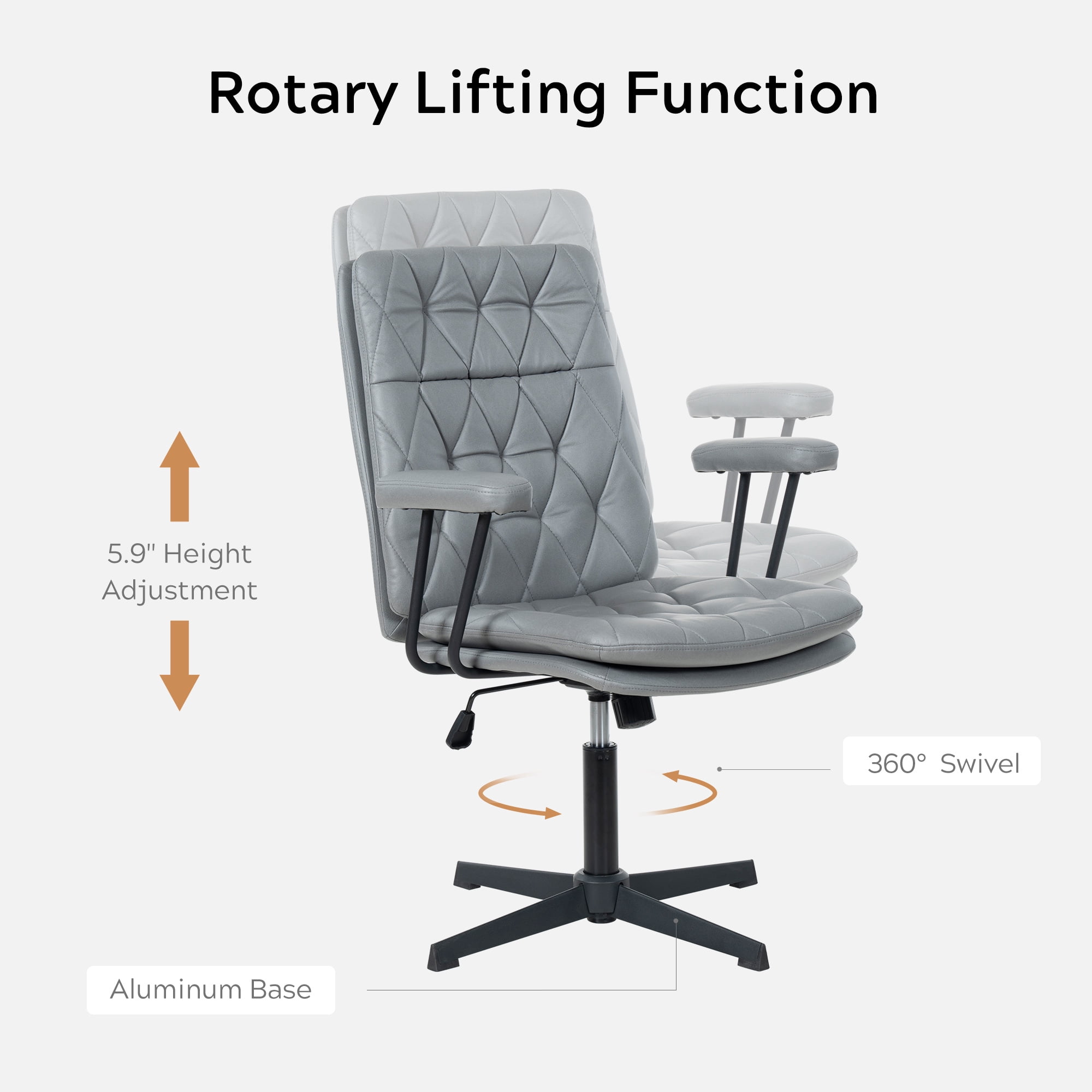 EYYTHUNG Home Desk Chair with Arms, Adjustable Stationary Ergonomic Office Swivel Working Computer Chair with Soft Cushion No Wheels, Grey