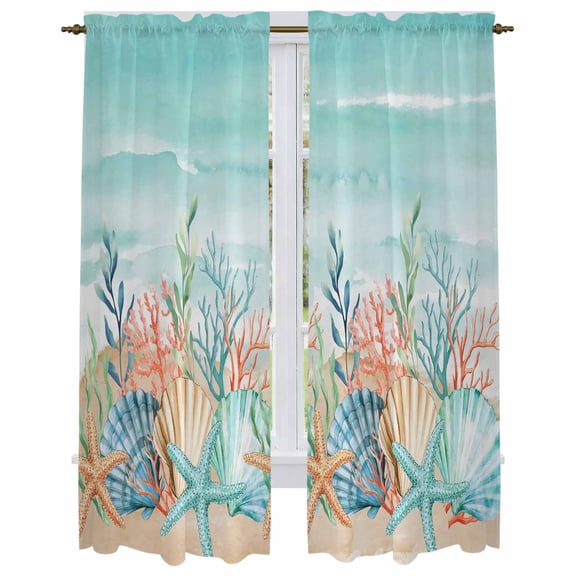 Coastal Beach Kitchen Curtain for Berdoom Living Room Cafe 72 Inch Length, Ocean Wave Summer Sea Starfish Coral Teal Beige Tiers Curtains Light Filtering Drapes Window Treatment 2 Panels 52"Wx72"L