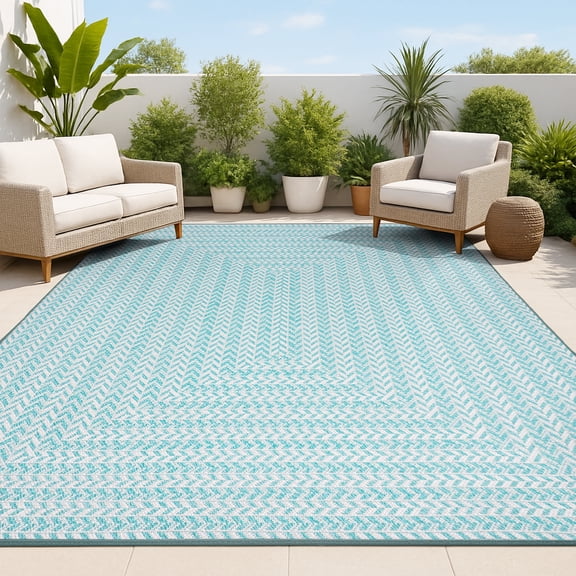 JONATHAN Y SANTA MONICA 8 x 10 Area Rug, Chevron Concentric Squares - Aqua/Light Gray, SMB206A-8
