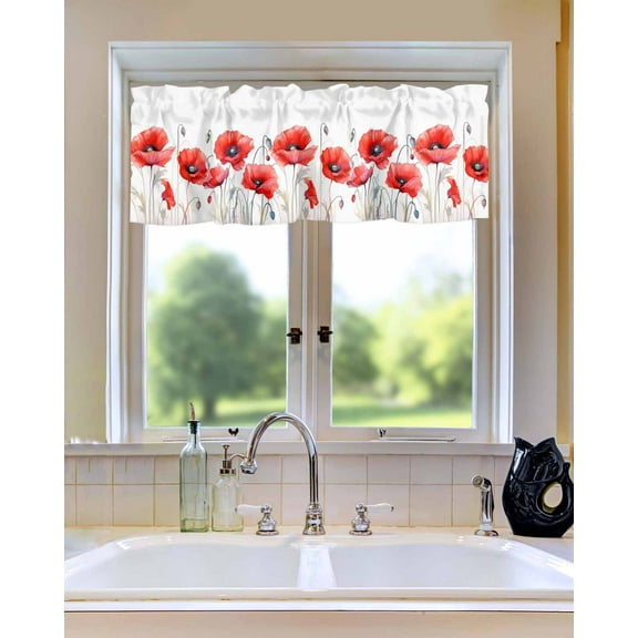 Pastoral Red Poppy Flower Window Valances for Kitchen,Rod Pocket Valance Privacy Small Curtain,Watercolor Blooming Floral on White Window Treatment Drapes for Bedroom Laundry Room Farmhouse Home