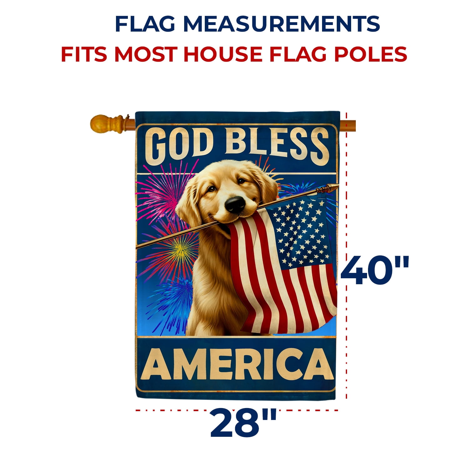America Forever God Bless America Dog House Flag, 28 x 40 inch Double Sided, 4th of July Golden Retriever, Fourth of July Memorial Independence Day House Flag Outdoor Yard Decor