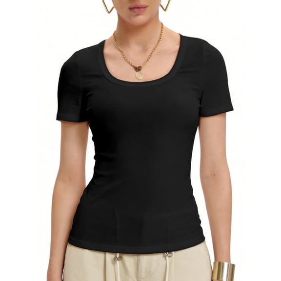 Women's Slim Fit Short Sleeve Ribbed Knit Top Scoop Neck Going Out T-Shirt Black