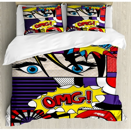 Art Duvet Cover Set Comic Book Inspired Style Wooow Omg Eyes Reading Panels Lines Excitement Action Print Decorative Bedding Set With Pillow Shams