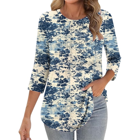 Jsaierl 3/4 Length Sleeve Tops for Women Summer Round Neck Shirts Cute Graphic Petite Pleated Blouses Work Loose Fit Tunic Top S-2XL