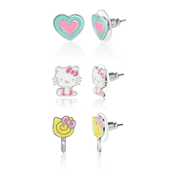 Hello Kitty Mixed Stud Earrings Set, Hearts and Lollipops, Fashion Jewelry, Silver-Plated Brass, 3 Pairs
