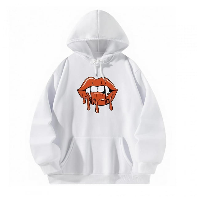 Sudadera con capucha blanca para mujer, con estampado de boca suave y cómoda, manga larga. L
