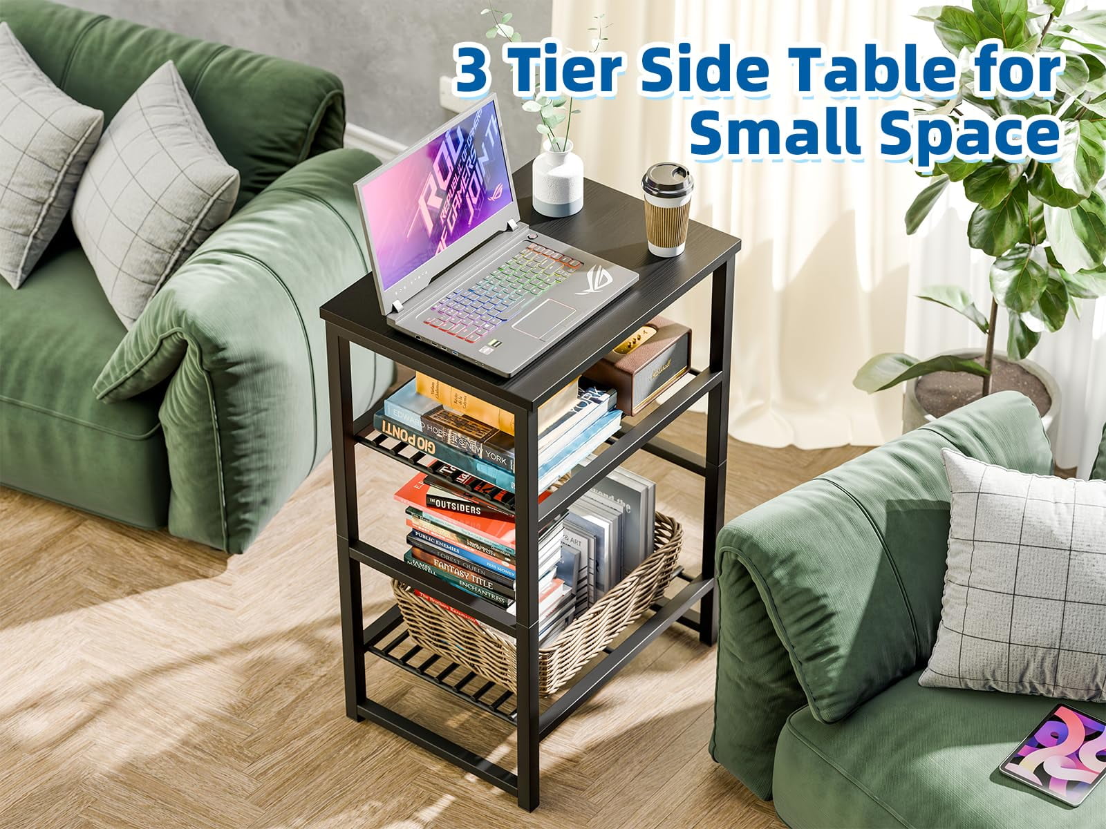 SUFAUY 3-Tier Printer Stand, Metal Shelving Unit for Under Desk with Wood Desktop, Black
