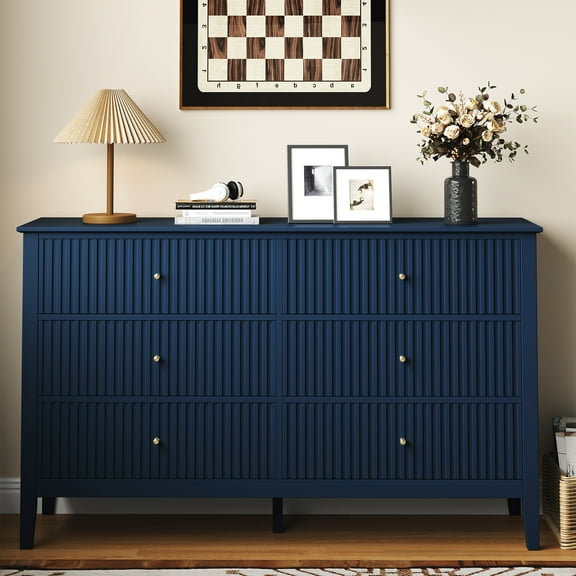 May in Color Fluted 6 Drawer Dresser, Wide Modern Chest of Drawers, Large Wood Storage Cabinet Organizer for Bedroom, Living Room, Hallway, Entryway, Blue