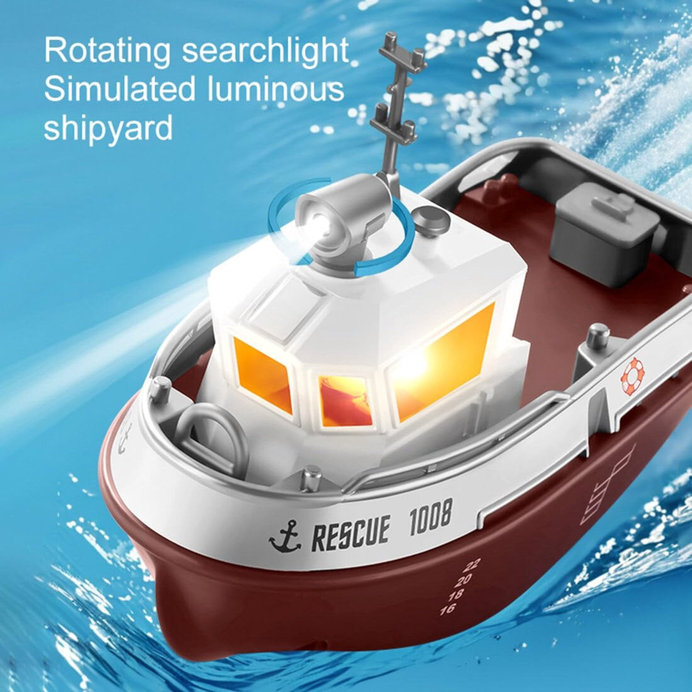 RC Rescue Ship, Funtogether Toys, Tugboat with Working Lights & Dual Propellers, Rechargeable Pool Toy