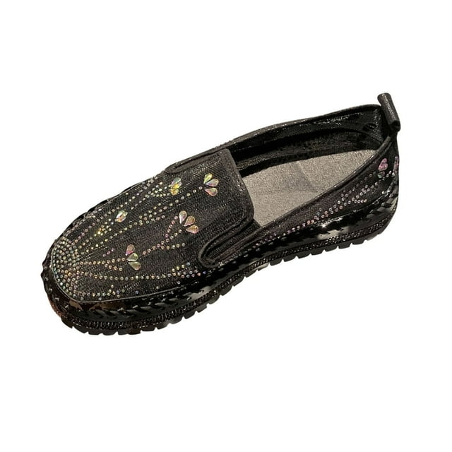 Mocassin en Maille à Strass pour Femmes, Chaussures de Pêcheur Décontractées d'Été à Enfiler avec Ornements Scintillants, Bout Rond, Doublure Douce, Conception Légère