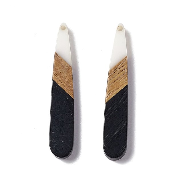 Opaque Resin & Walnut Wood Pendants Teardrop Charms Black 44x7.5x3.5mm Hole: 1.5mm