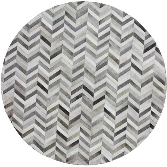 Bashian H112-GY-8 RND-RH18 Santa Fe Collection Chevron Contemporary Leather Hand Stitched Round Area Rug, Grey - 8 ft.