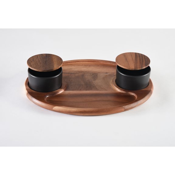 Kalmar Home Charcuterie/ Serving Tray w/ 2 black ceramic bowls w/ lids