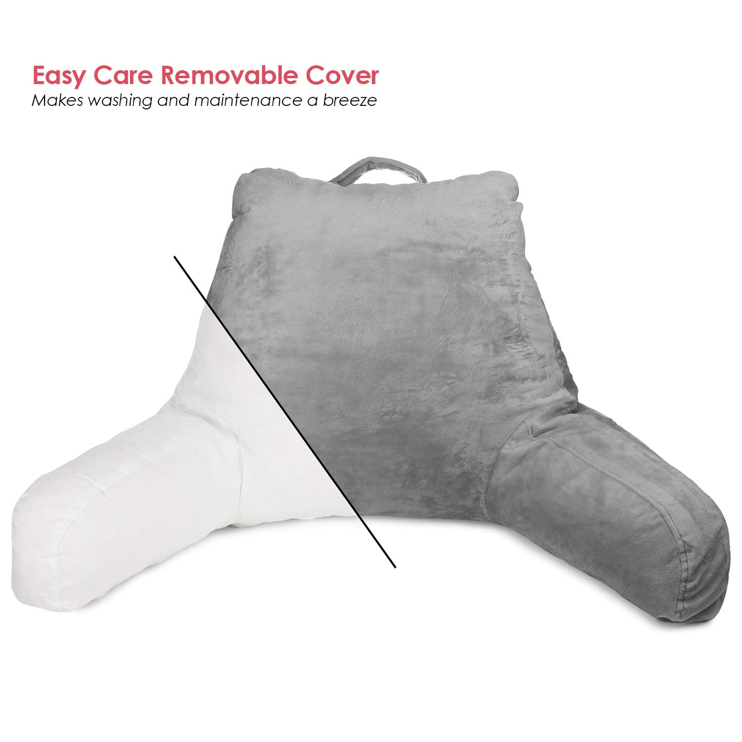 Clara Clark Bed Rest Reading Pillow with Arms and Pockets- Premium Memory Foam Pillow, Medium, Gray