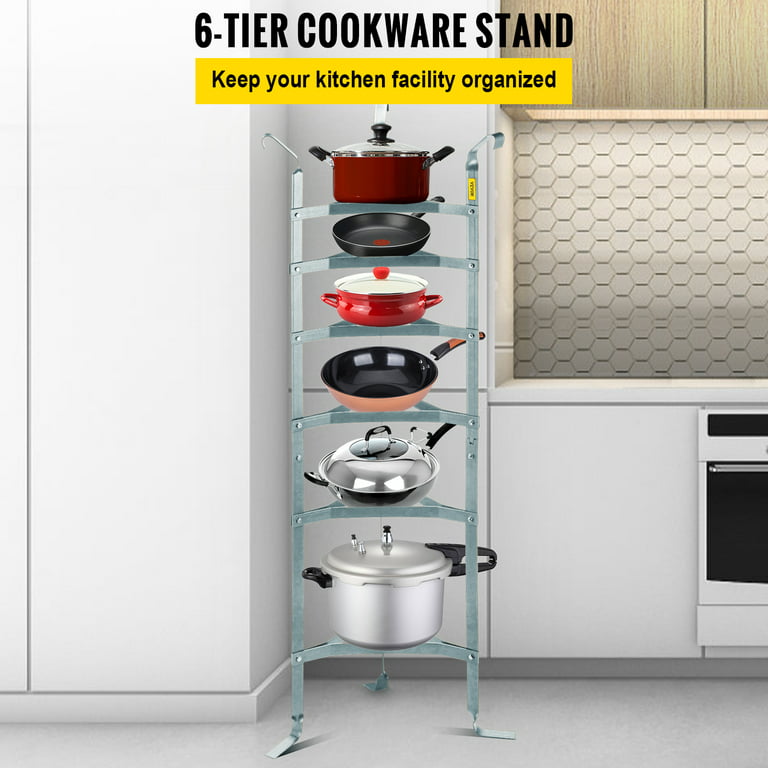 VEVOR 6-Tier Cookware Stand, Carbon Steel Multi-Layer Pot Rack, 61-inch  Cookware Shelf, Silver Cookware Storage Tower, Unassembled Kitchen Corner
