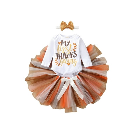 

SUNSIOM 3Pcs Thanksgiving Day Baby Girls Letter Printing Long Sleeve Round Collar Romper Mesh Skirt Bow Headwear Set