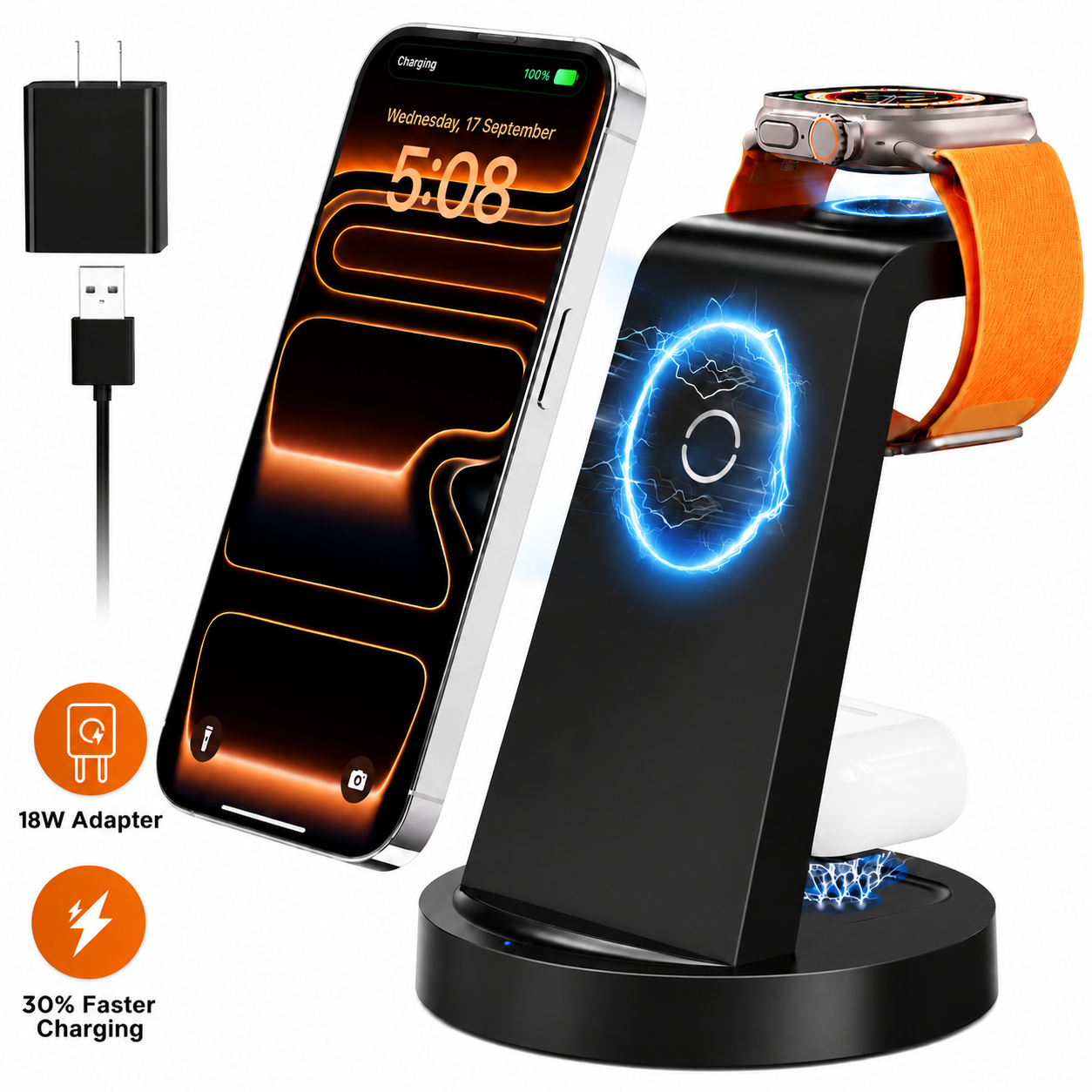 ETEPEHI 18W Wireless Charger for iPhone - 3 in 1 Charging Station Compatible with iPhone 17/16e/16/15/14/13/12 Pro Max, for iWatch & Air Pods 4 3 Pro, Black