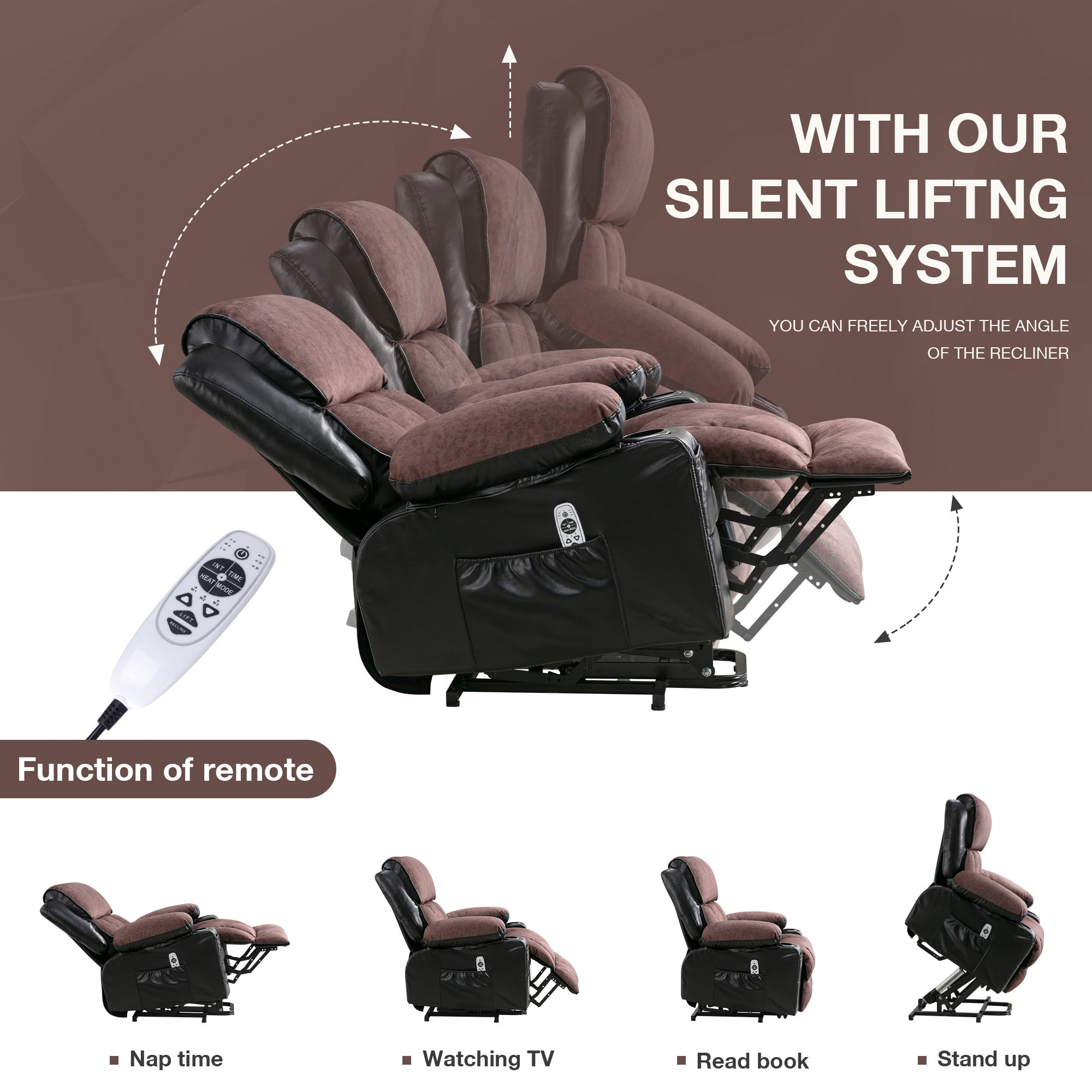 Lift Recliner Chair, LEGAHOME Electric Power Lift Recliner for Elderly with Heat Therapy and Massage, Oversized PU Leather Recliner Chair with Cup Holders, USB Port, Side Pocketst, Black & Brown