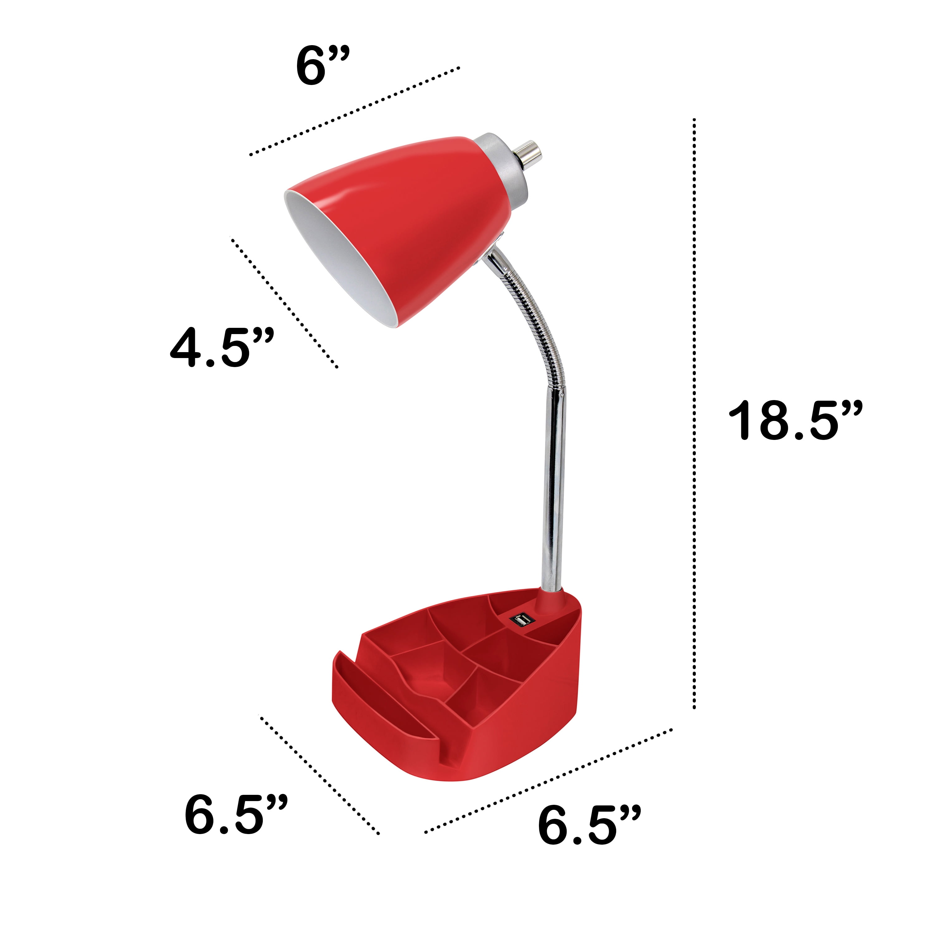 Creekwood Home 18.5" Flexible Coordinating Desk Lamp with USB Port and Storage, Red