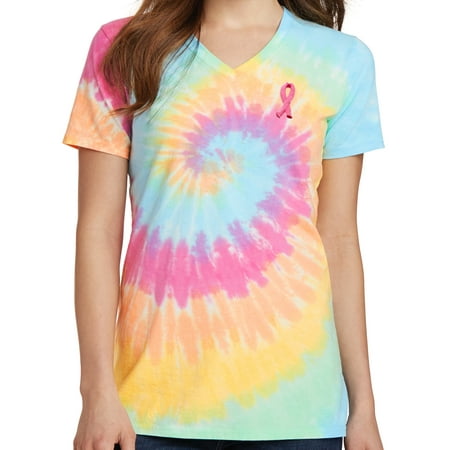 - Ladies Breast Cancer Awareness Ribbon Patch V-neck Tie Dye Tee Shirt - XL