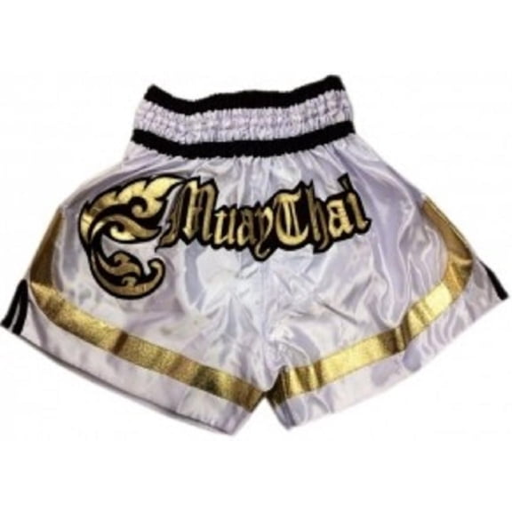 Woldorf Boxing Muay Thai Shorts in Satin Embroidery White Sparring, Kickboxing, Fighting Shorts, Muay Thai Training Shorts, Heavy Bag Speed Punching Gloves.