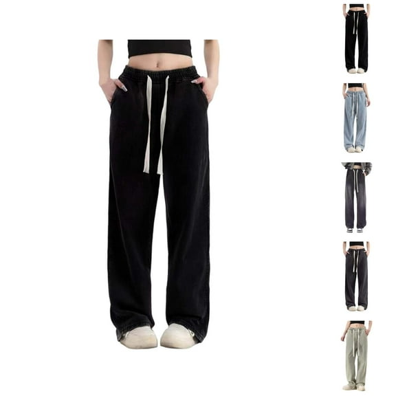 Jeans for Women 2025 Elastic Waist Drawstring Wide Leg Straight Pull On Denim Jean Pants Womens Jeans Trousers