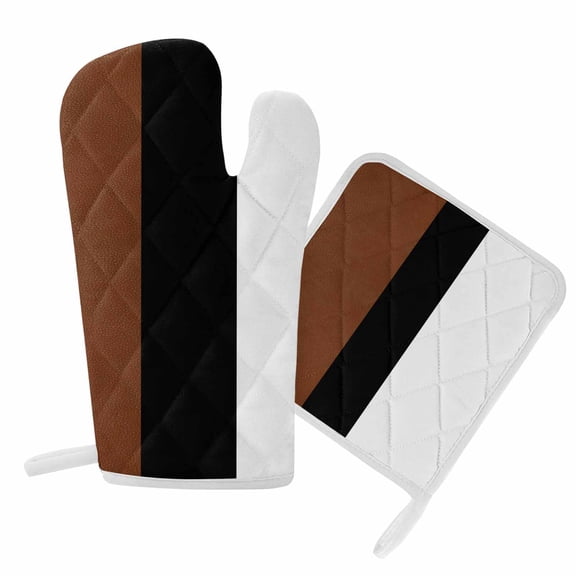Oven Mitts and Pot Holder Set for Kitchen, Brown Black Stripe Kitchen Oven Gloves Heat Resistance Non-Slip Surface Potholders Boho Style Hot Pads Sets for Cooking Baking Grilling BBQ