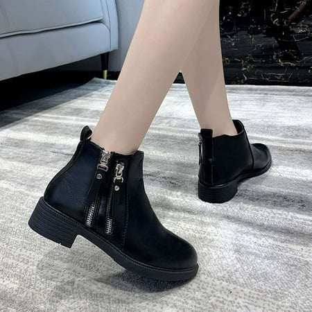 

XIAOFFENN Winter Snow Boots Cute Winter Boots Women s Fall Winter Solid Color Boots Chunky Heel Middle-Heels Round-Toe Side Zipper Short Boots