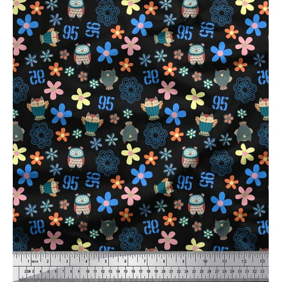 Soimoi Crepe Silk Fabric Owl, Numbers & Floral Clip Art Print Sewing Fabric Yard 42 Inch Wide