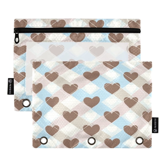 2 Pack 3 Ring Binder Pouch with Clear PVC Window Water Resistant Zipper Pencil Pouch Neutral Brown Blue Heart Print Binder Pocket for Classroom Office Home Stationery Organization