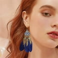 thumbnail image 3 of Long Feather Dangle Drop Statement Earrings for Women Gold-Toned Bohemian Enamel Fan Shaped Leaf Turquoise Beads Fringe Tassel Dangling Studs Earring Lightweight Fish Hook Vintage Ethnic Jewelry, 3 of 12